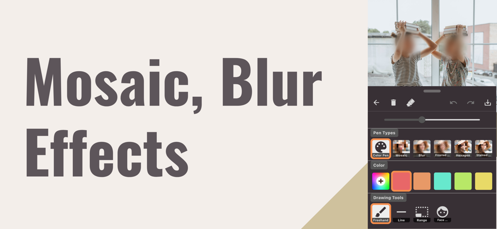 La interfaz de usuario de la aplicación Blur y Mosaic Photo editor mostrando herramientas de desenfoque de rostros y filtros de mosaico