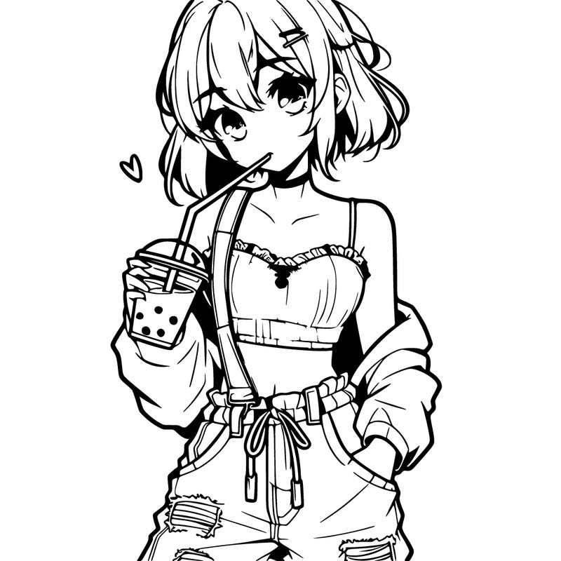 one anime teenage girl in cute top and baggy jeans and biting the boba straw