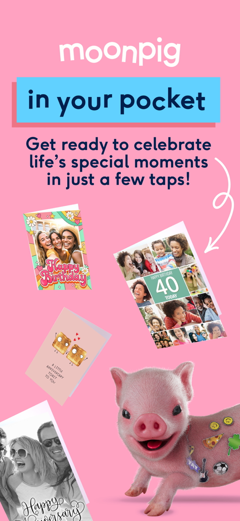 Schermata dell'app Moonpig che mostra biglietti d'auguri personalizzati con foto e una graziosa mascotte maialino
