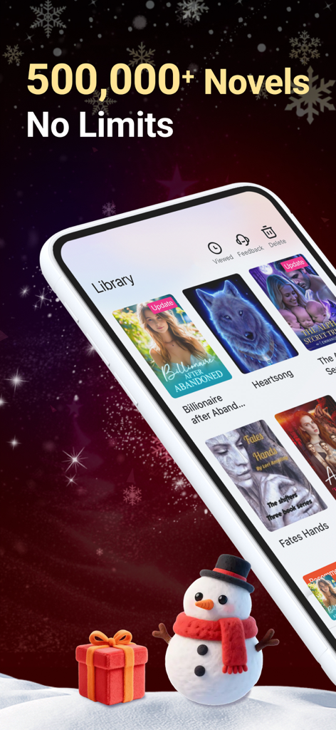 Smartphone showing NovelFlow app library with various romance and fantasy book covers.