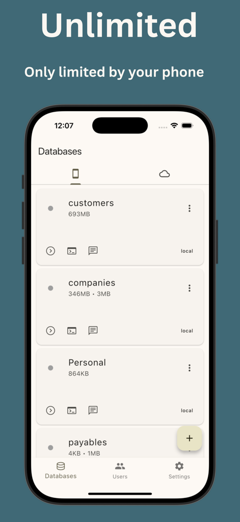 A mobile app interface displaying a list of local SQL databases like customers and companies with their storage sizes.