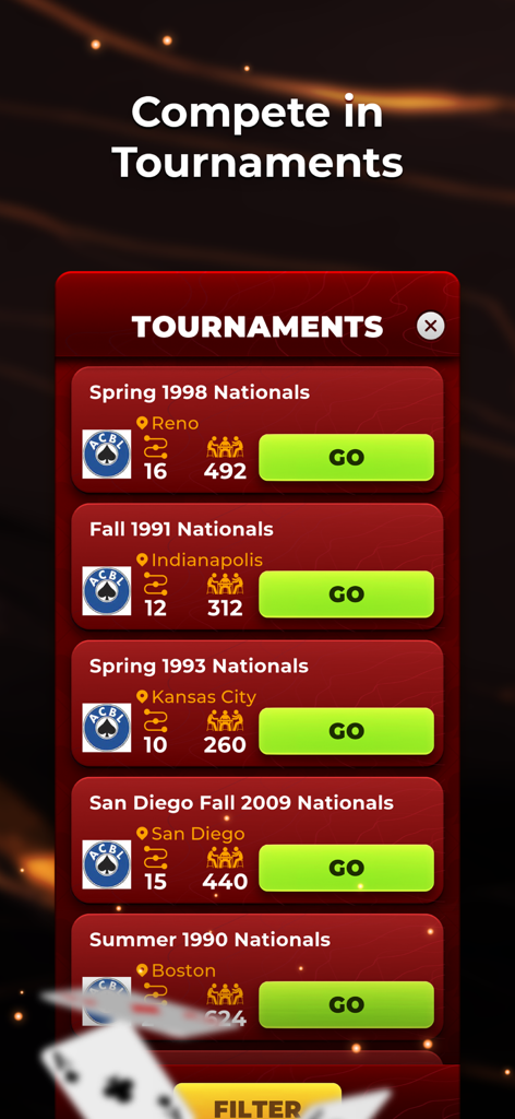 Bridge Baron app tournament selection screen showing historical ACBL national events for players to replay.
