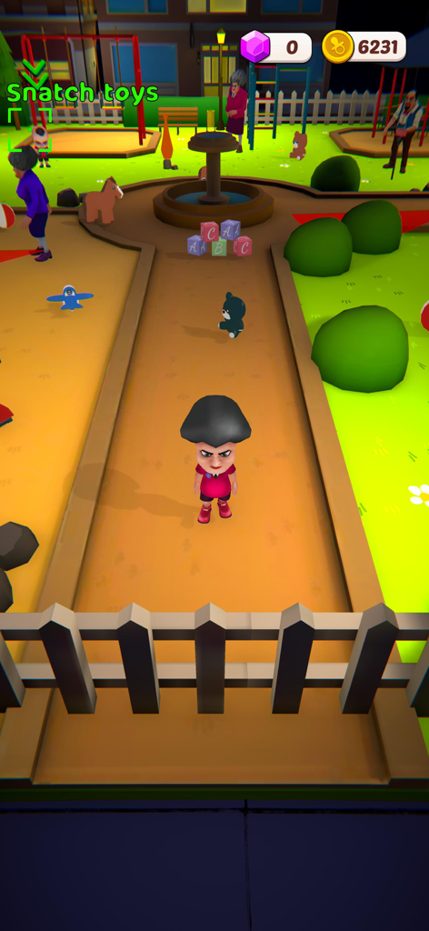 Scary Little Prankster - El personaje principal se encuentra en un colorido patio de recreo con el objetivo de arrebatar juguetes que se muestran en pantalla.