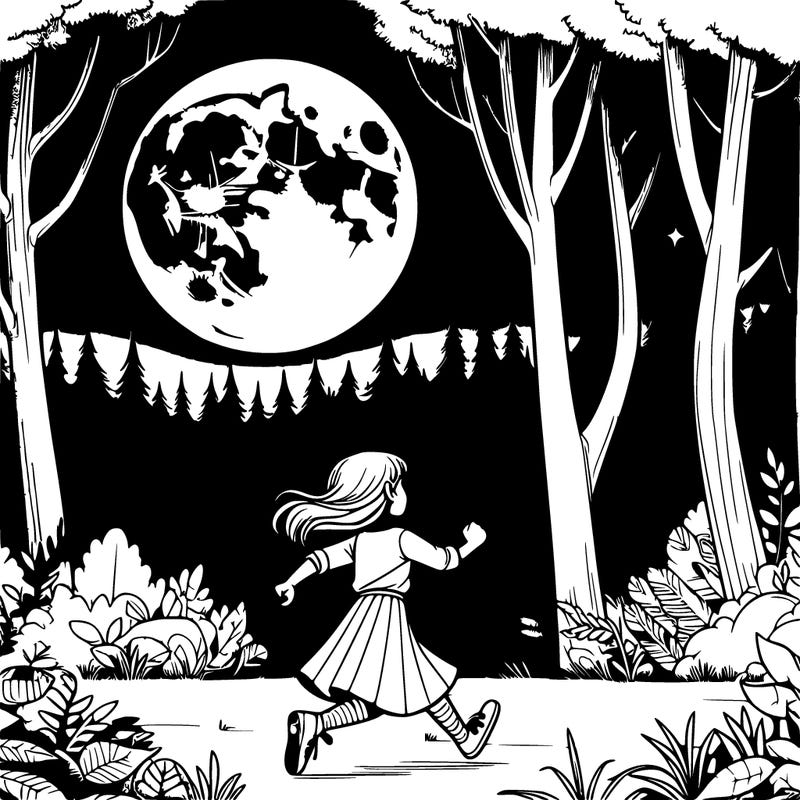 a realistic girl running in a forest under a realistic full moon in a realistic forest
