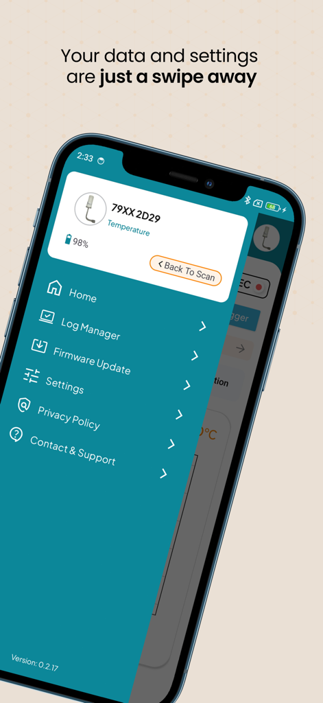 TE SensorConnect - Interfaccia dell'app TE SensorConnect che mostra un menu di navigazione con dati dei sensori e impostazioni del dispositivo.