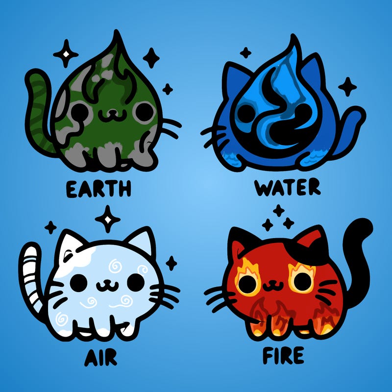 4 cats that represent the different elements, earth, water, air, and fire