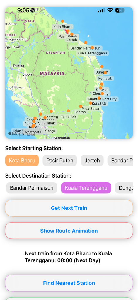 EGK ECRL Map - EGK ECRL Map app interface showing station markers on a map and train schedule selection for Malaysia