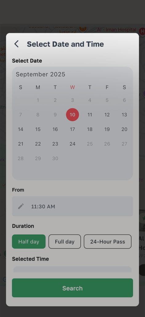 Gopark App - Date and time selection screen for booking a parking spot in the Gopark app.
