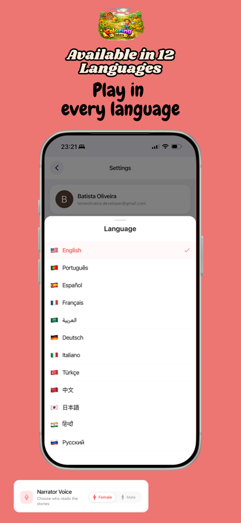 ColoringTales - Una pantalla de teléfono inteligente que muestra el menú de selección de idioma en la aplicación ColoringTales con doce opciones de idioma diferentes