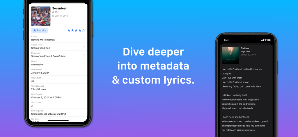 Cs Music Pro - Two iPhone screens displaying advanced music metadata like play counts and custom song lyrics in the Cs Music Pro app.