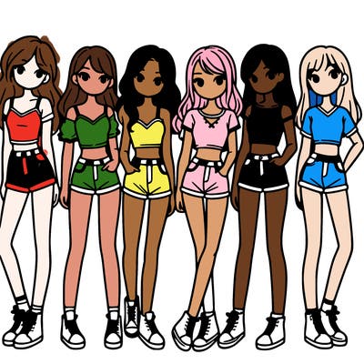 a group of girls wearing crop tops and shorts