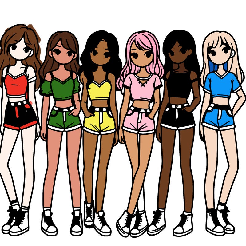 a group of girls wearing crop tops and shorts