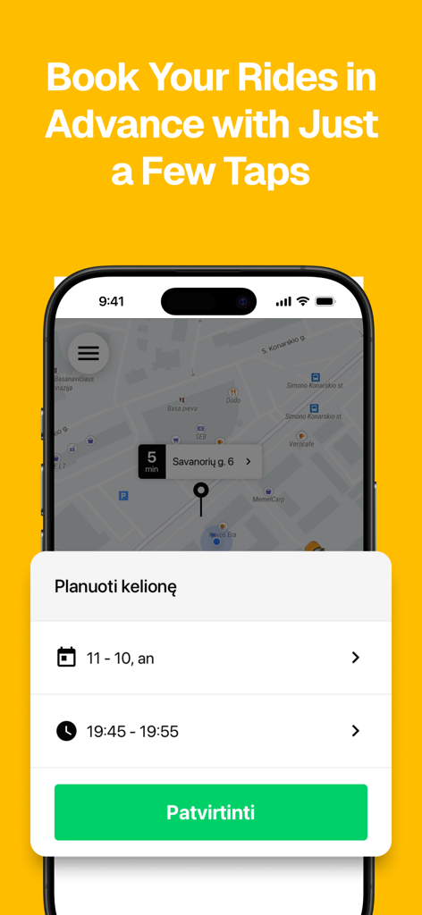 Etransport - Taxi and more - Mobile app interface showing a map and options to pre-schedule a taxi ride