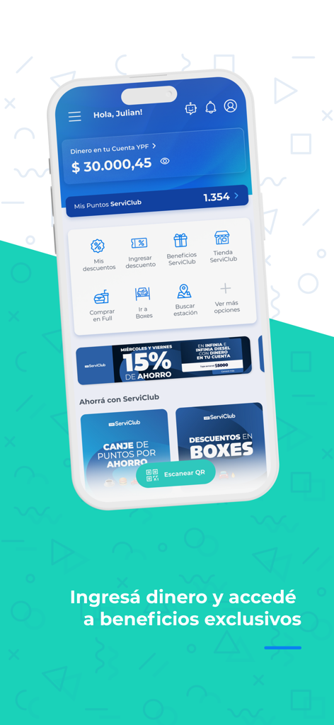 YPF App home screen showing user account balance and ServiClub loyalty points with navigation icons for payments and discounts.