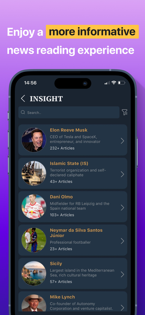 NewsCvg: World News Coverage - 뉴스 토픽 및 유명인 목록을 보여주는 NewsCvg 앱 인사이트 화면