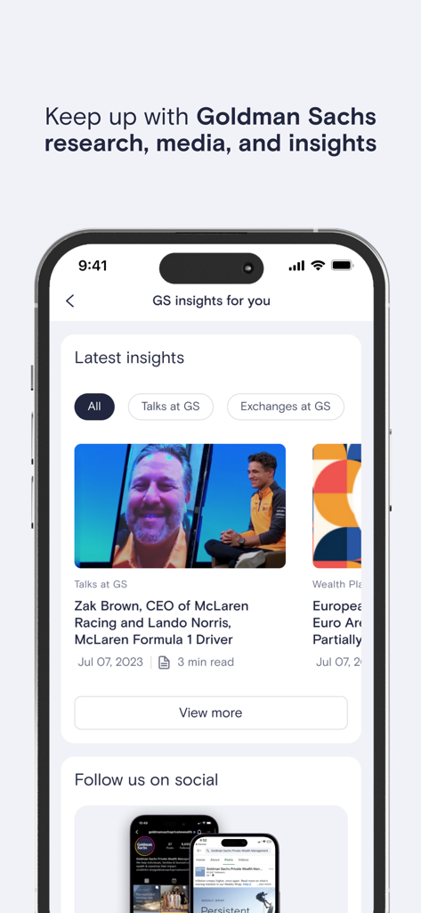 Interfaccia dell'app GS PWM che mostra gli approfondimenti di mercato di Goldman Sachs e la ricerca proprietaria per i clienti di private wealth