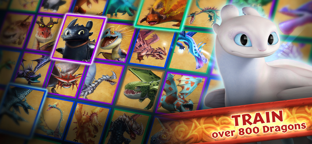 Dragons: Rise of Berk - A grid of collectible dragons from the game Dragons Rise of Berk featuring Toothless and the Light Fury with text overlay Train over 800 Dragons