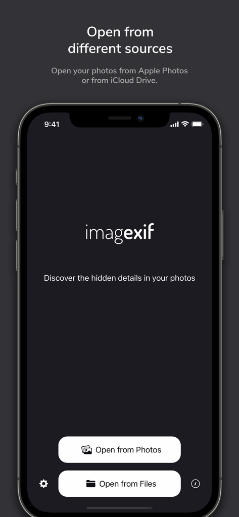 ImagExif 2 - edit exif data - ImagExif 2 App-Startbildschirm mit Schaltflächen zum Öffnen von Fotos aus Apple Fotos oder iCloud Dateien.