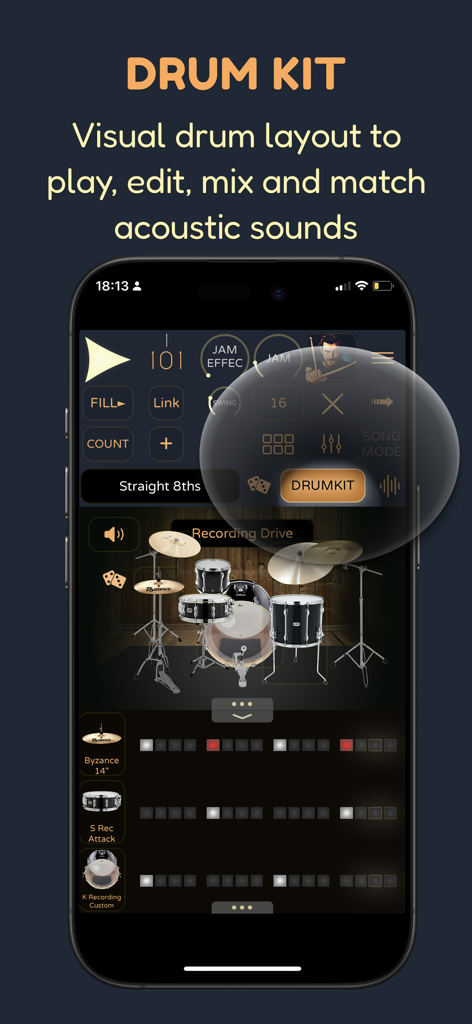 Pop Drummer -Real Drum Machine - Visual acoustic drum kit layout for editing and mixing sounds in Pop Drummer app.