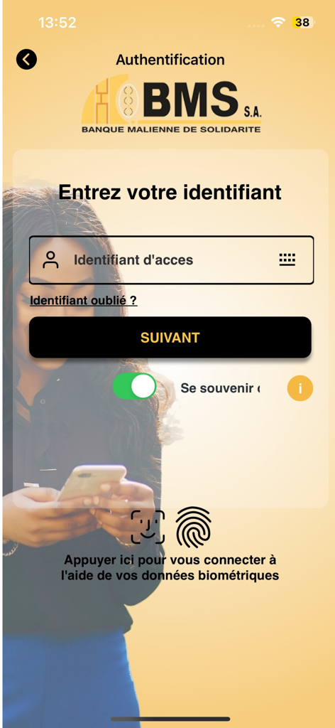 Login screen of BMSKIBARU mobile banking app featuring identification field and biometric login options.
