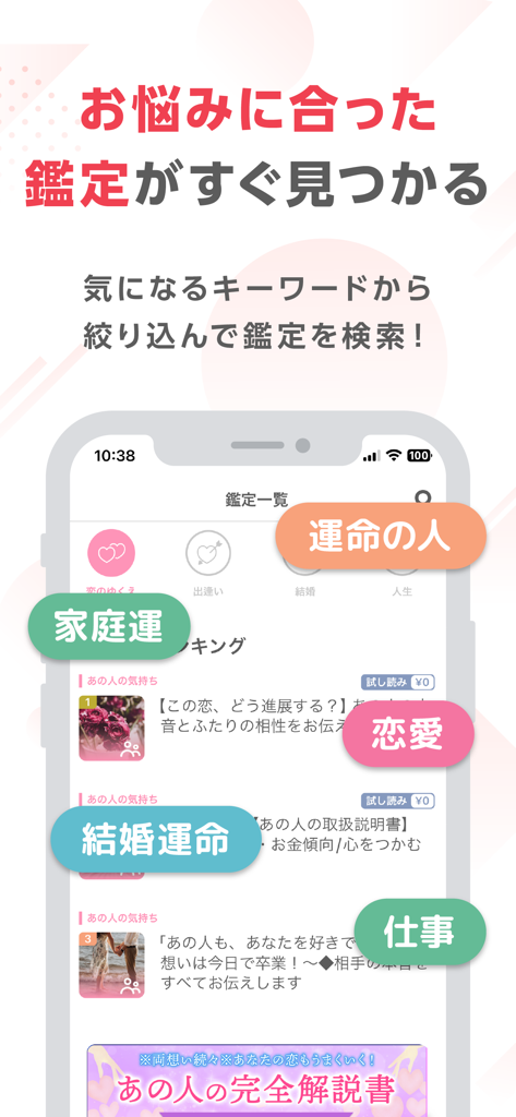 겟터스 이이다 운세 앱 인터페이스에서 연애, 직업, 가족 운에 대한 다양한 감정 범주 표시