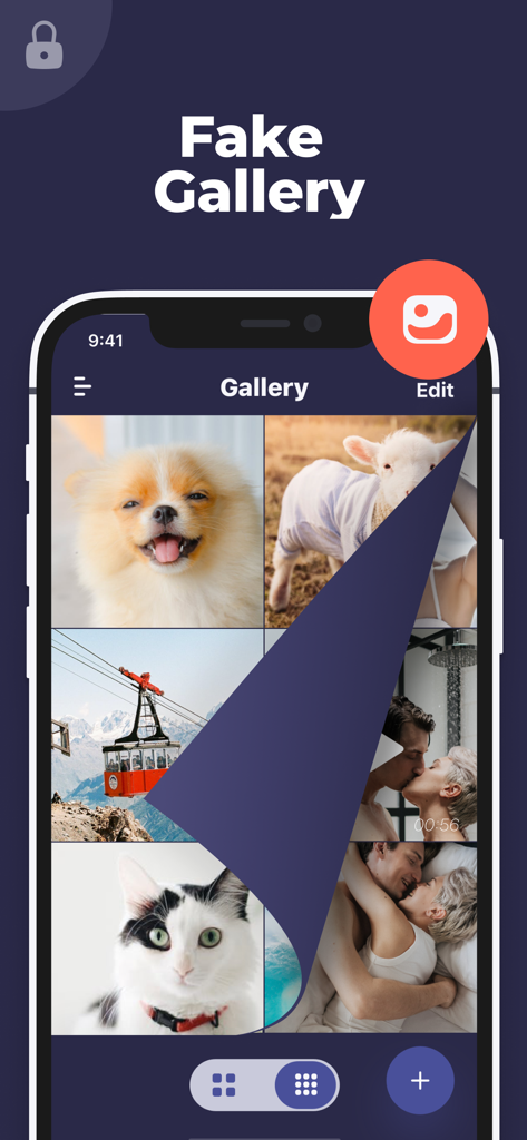 Secret Calculator Photo Vault+ - A screenshot of the Secret Calculator app showcasing the Fake Gallery feature with a decoy interface to hide private photos