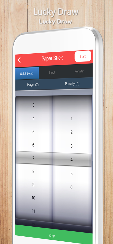 Lucky Draw - Draw Straws - Interface of the Lucky Draw app showing the Paper Stick game mode setup with player and penalty count selectors