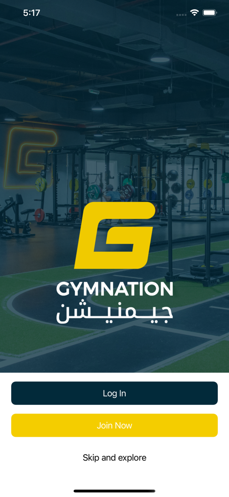 GymNation app welcome screen with login and join now options