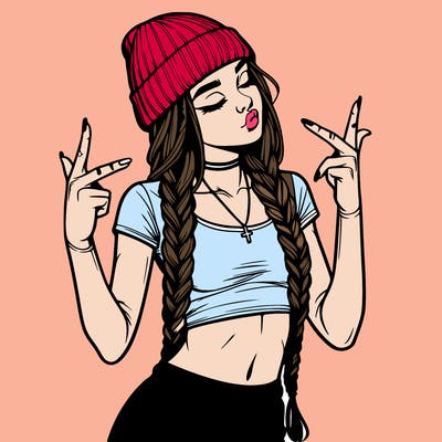 realistic teenage girl with braids and a beanie and crop top doing 🫶🏼