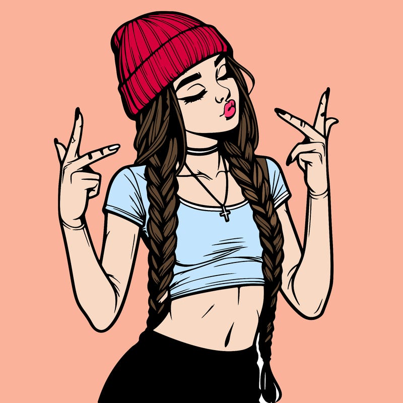 realistic teenage girl with braids and a beanie and crop top doing 🫶🏼