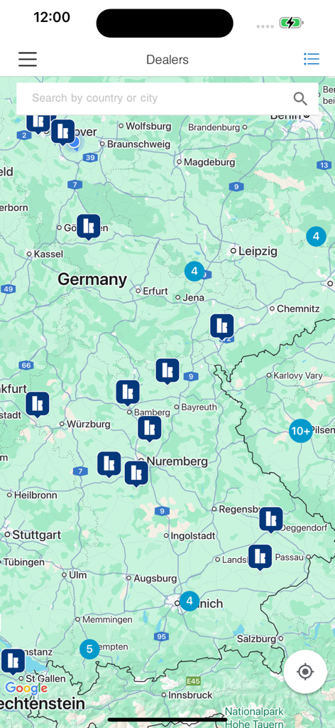 Kronodesign - Kronodesignアプリ内の地図インターフェース。インテリアデザイン素材のディーラーとショールームの場所が表示されています。