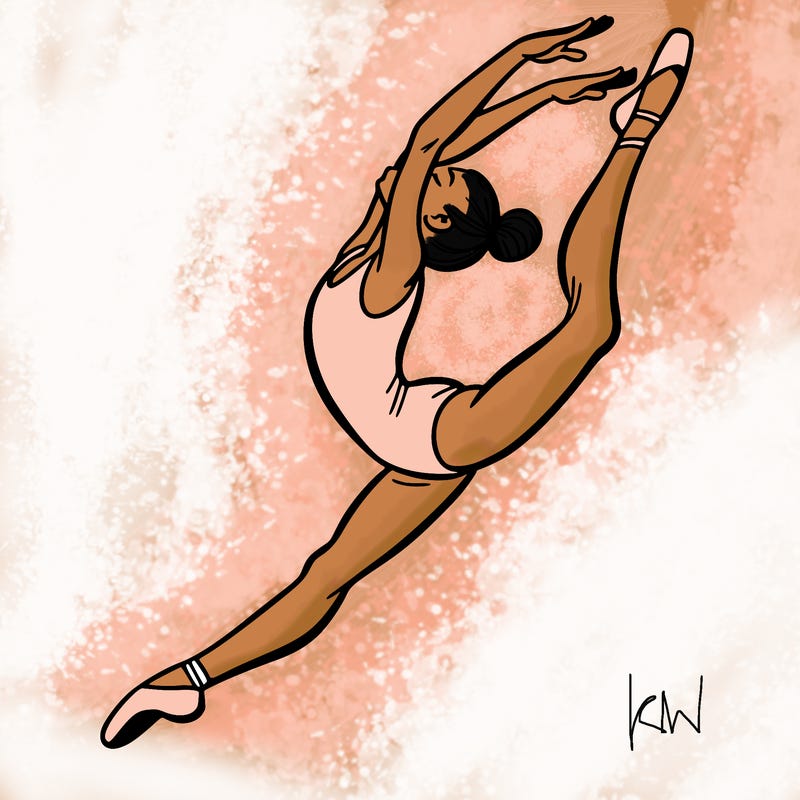 gymnast doing a leap in a leotard with a bent back leg