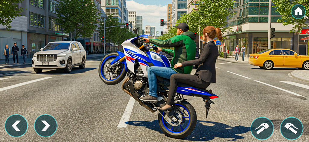 City Bike Driving 3D Openworld - A blue and white sports motorcycle performing a wheelie with a passenger on a busy city street