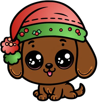 cute big eyed pupper with a santa hat on its head