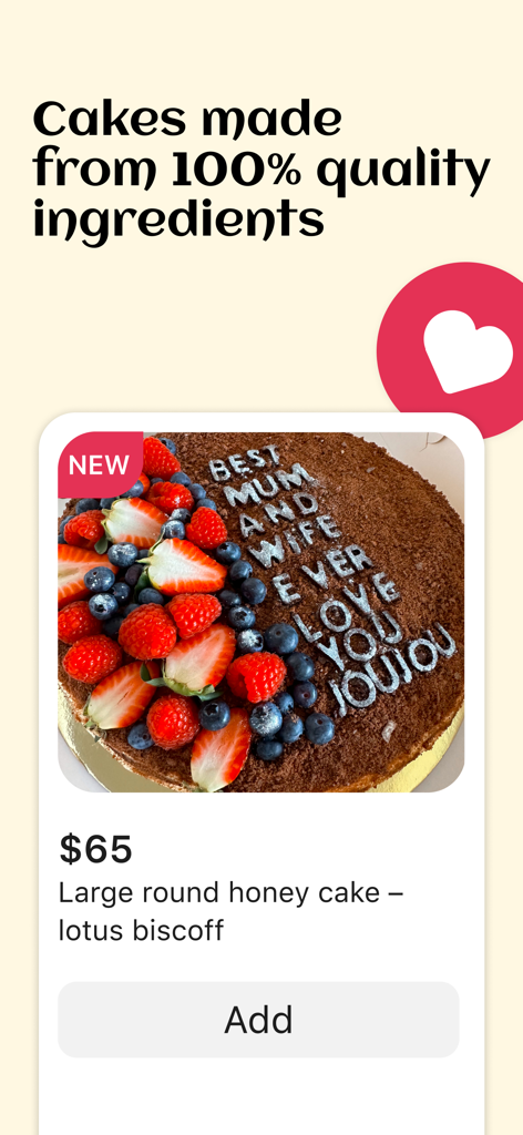 Custom lotus biscoff honey cake with fresh berries and personalized message on Marys Bakery app