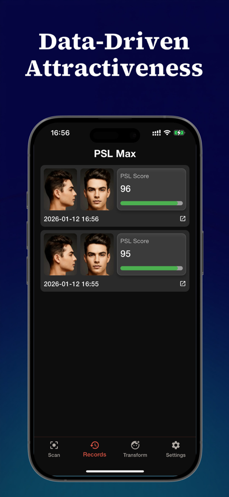 PSL 점수 및 프로필 사진이 있는 얼굴 분석 기록을 보여주는 PSL Max 앱 인터페이스