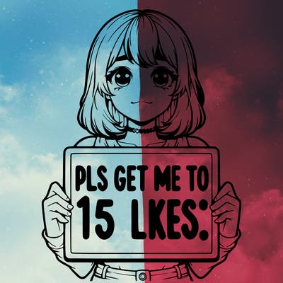 realistic girl holding up a sign that says “pls get me to 15 likes!”