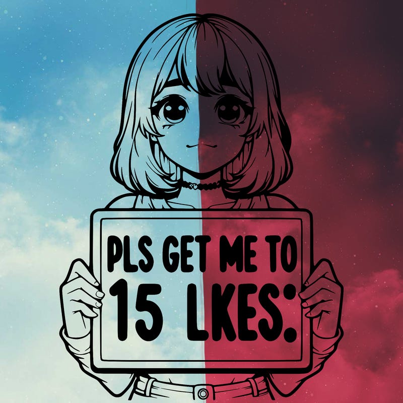 realistic girl holding up a sign that says “pls get me to 15 likes!”
