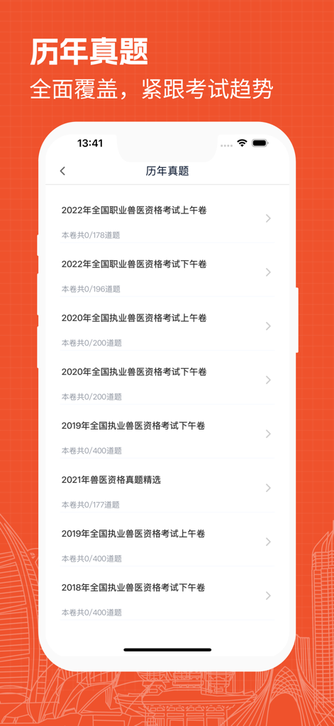 A mobile app screen displaying a list of past years' real exam questions for Chinese veterinary certification preparation.