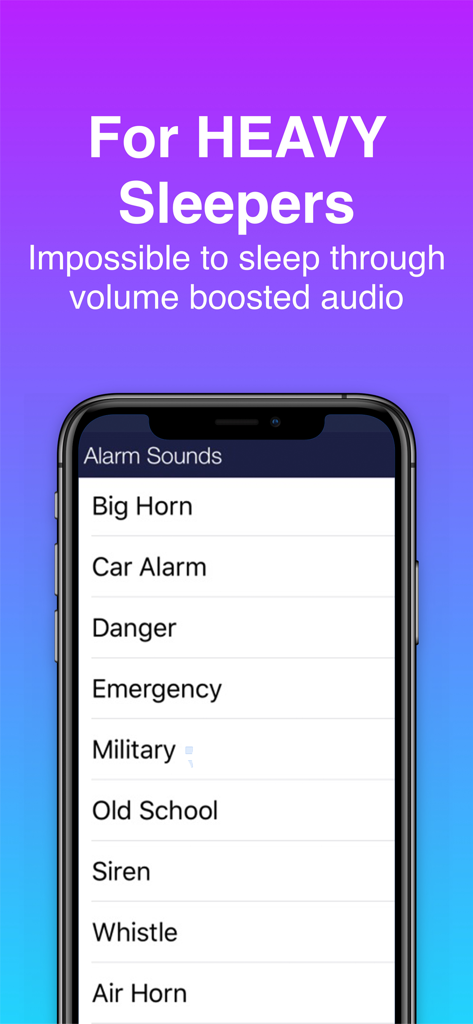 Loud Alarm Clock LOUDEST Sleep - Smartphone screen displaying a list of volume boosted alarm sounds for heavy sleepers