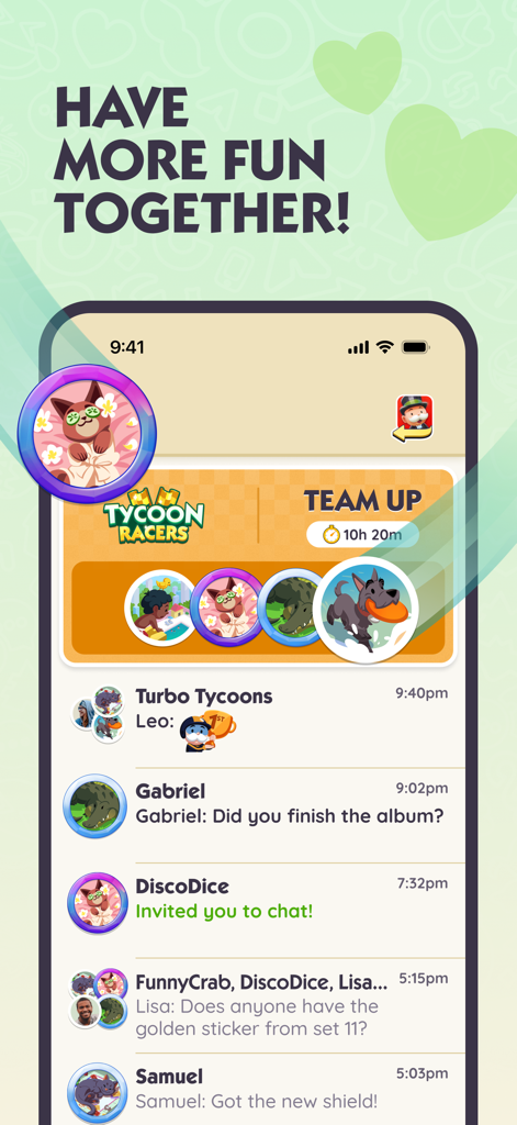 MONOPOLY GO!Chat - Screenshot of the MONOPOLY GO Chat app interface showing active conversations for sticker trading and team event coordination.