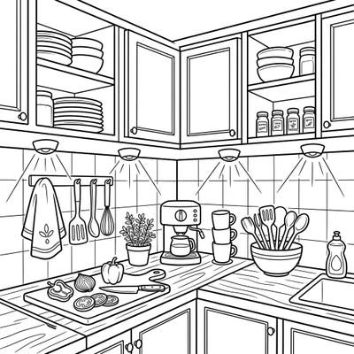 Step into a beautifully illuminated kitchen scene, perfect for detailed coloring. Bring to life every element, from the glistening countertops to the cozy under-cabinet lighting.