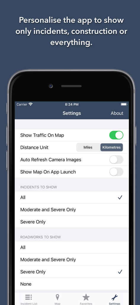 Settings screen for the NZ Roads Traffic and Cameras app showing distance units and traffic incident filters