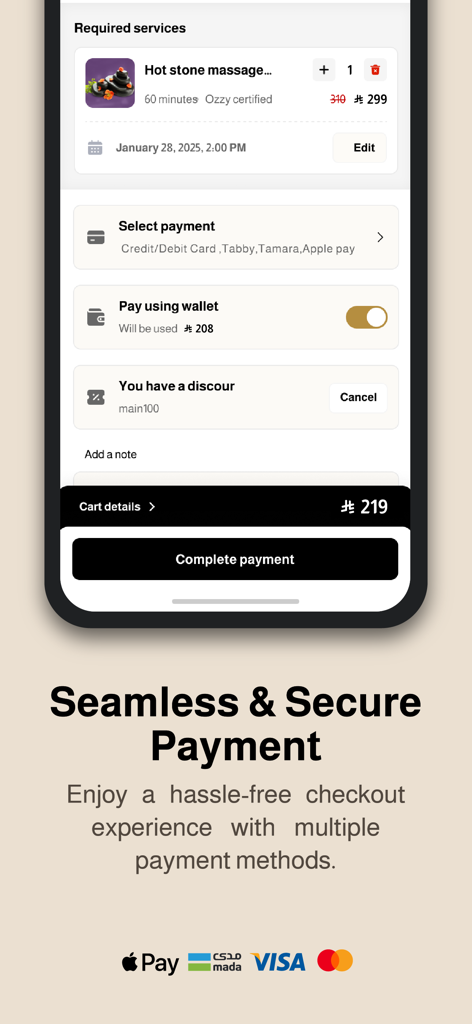Mobile app checkout screen for Ozee home spa services showing secure payment options.