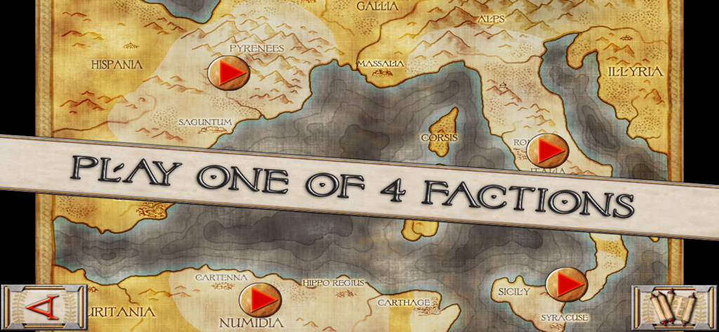 Ancient Battle: Hannibal - Ancient Battle Hannibal 전략 게임의 4개 플레이 가능한 세력을 보여주는 지중해의 역사 지도.