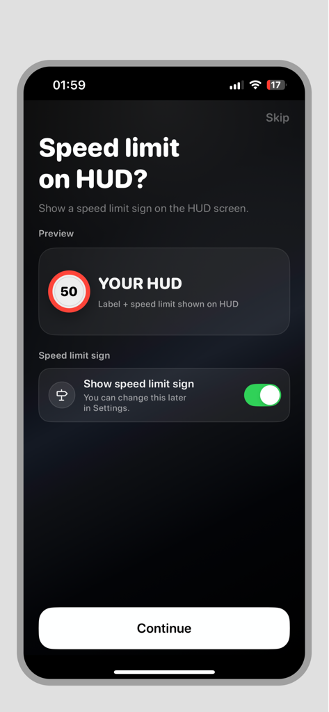 Écran de configuration pour activer les panneaux de limite de vitesse sur l'affichage tête haute dans l'application Compteur de vitesse de voiture