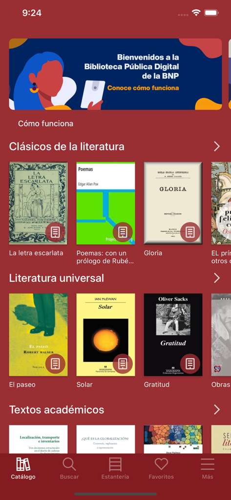 BNP Biblioteca Pública Digital - Interfaz de la aplicación BNP Biblioteca Pública Digital mostrando categorías de libros como clásicos de la literatura y textos académicos