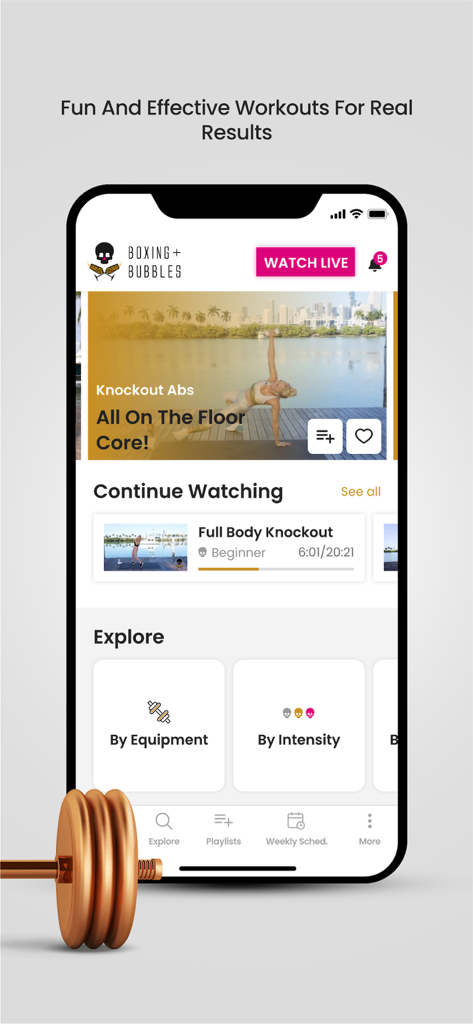 Captura de pantalla del panel de la aplicación de fitness Boxing and Bubbles que muestra videos de entrenamiento y categorías como intensidad y equipo