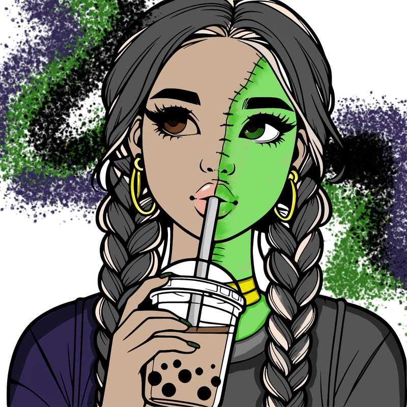 realistic girl with braided hair drinking boba