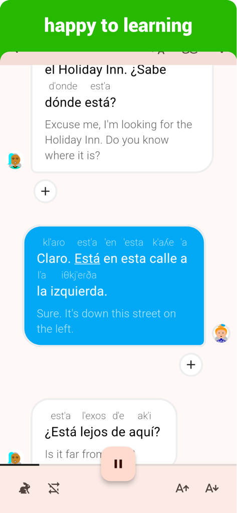 Spanish  - Listening Speaking - Una schermata di un'app di apprendimento dello spagnolo che mostra dialoghi con trascrizioni fonetiche e traduzioni in inglese.